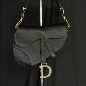 Dior Black Satin Saddle Bag with Swarovski Black crystals